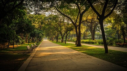Obraz premium Serene Park Pathway Surrounded by Lush Green Trees