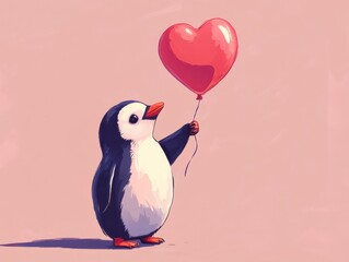 A cute penguin holds a pink heart-shaped balloon, exuding a playful and affectionate vibe against a soft pink background.