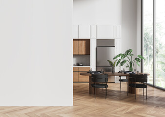 Fototapeta premium Home kitchen interior with cooking cabinet and dining table, window. Mockup wall