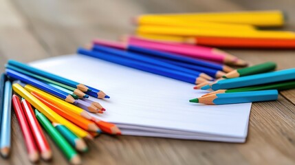 Fototapeta premium Colorful Pencils and Blank Paper on Wooden Table