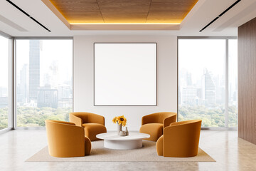 Cozy office interior with soft place and coffee table, window. Mockup frame