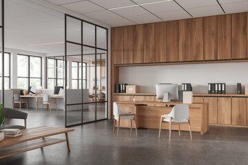 Modern office space with wooden furniture and glass partitions. 3D Rendering