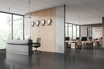 Fototapeta premium Modern office interior with clocks and reception desk. 3D Rendering