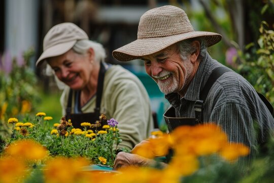 Joyful gardeners enjoying their time in a vibrant flower garden. They smile as they tend to colorful blooms. Perfect for nature lovers and gardening enthusiasts. Generative AI