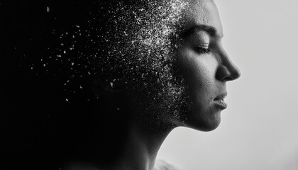 Abstract image of a person's profile with head disintegrating into particles, symbolizing evanescence or mental health