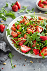 A refreshing salad with strawberries, arugula, pine nuts, and a balsamic vinaigrette. Perfect for healthy eating and summer recipes.