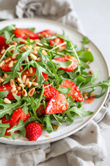 A refreshing salad with strawberries, arugula, pine nuts, and a balsamic vinaigrette. Perfect for healthy eating and summer recipes.