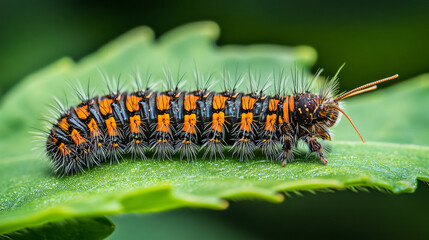 Fototapeta premium A caterpillar munching on a green leaf