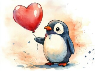 A cute penguin holding a red heart-shaped balloon, set against a soft, colorful background, conveying a sense of love and joy.