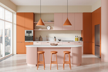 Modern kitchen interior design with orange and pink accents. 3D Rendering