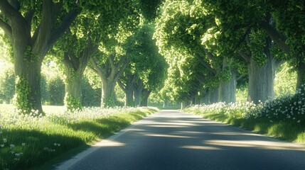 Obraz premium Peaceful Tree-Lined Pathway in Sunlit Forest Scene