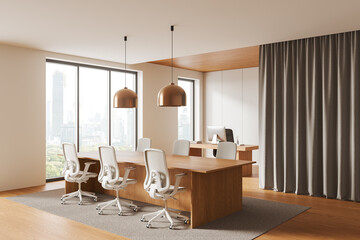 A modern conference room with wooden furniture, white chairs, large windows, pendant lights, and a city view in the background. 3D Rendering