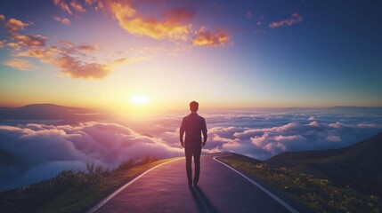 Fototapeta premium A man walks on a path above clouds towards the sunrise, symbolizing progress and achievement in business milestones.