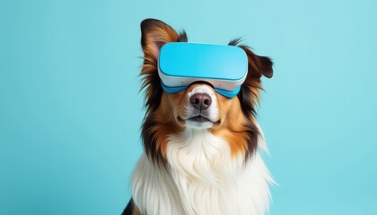 Collie using VR glasses while standing over an isolated pastel blue background.