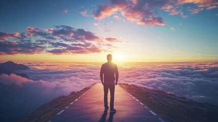 Obraz premium A man stands on a road above the clouds, symbolizing the journey and achievement of business project milestones.