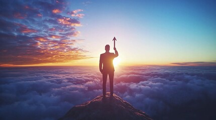 Fototapeta premium Businessman on mountain peak holding upward arrow symbolizing success and growth.