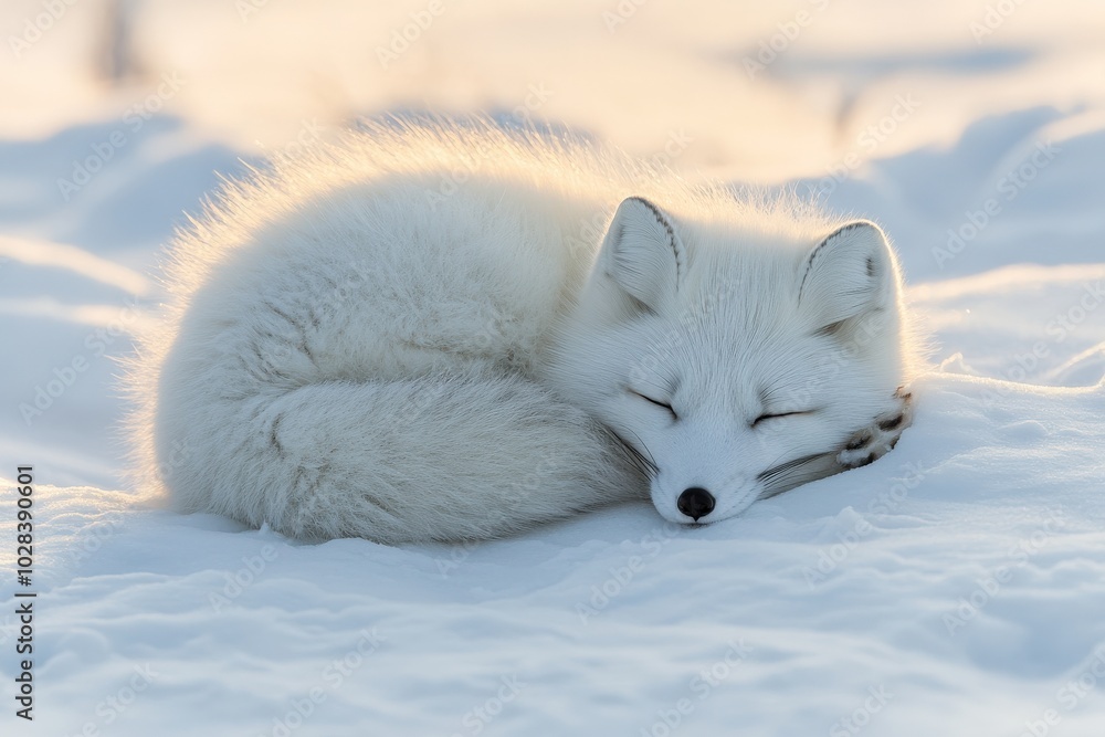 Wall mural arctic tundra. snow fox curled up on snow in winter landscape