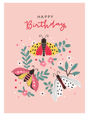 Floral cartoon card with moths