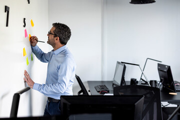 Businessman writing on adhesive note over white wall near desk in office