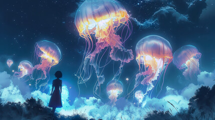 Naklejka premium Silhouette of girl gazing at giant illuminated jellyfish floating in starry night sky, digital art illustration, surreal dreamlike scene, fantasy, whimsical atmosphere
