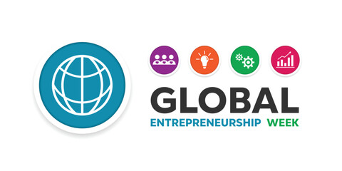 Global Entrepreneurship Week. Earth, peoples, lamp and more. Great for cards, banners, posters, social media and more. White background.