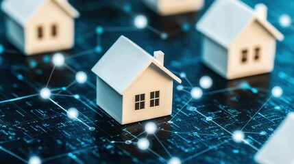Miniature houses on a digital network background representing smart homes and technology in real estate.