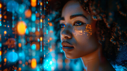 African American Female IT Specialist Analyzing Futuristic Holographic Data, AI Cybersecurity Threat Concept, Augmented Reality, Blue and Orange Colors, Evening, High-Tech Environment