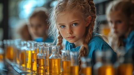 A curious European girl with braids examines colorful liquids in a lab setting, surrounded by classmates, showcasing her interest in science.