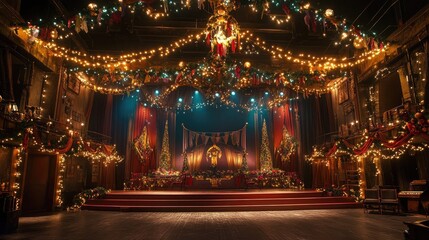 Festive Theatre Stage with Holiday Decorations and Lights