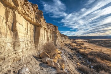 Arroyo in the Land of Enchantment: Scenic View of Dry Riverbed with Blue Sky Background
