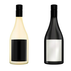 Two bottles of wine on a white background. A set of different bottles of champagne. 3D bottles of champagne or sparkling wine. Holiday icons