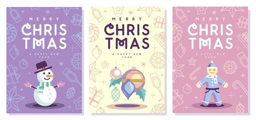 Fototapeta premium Set of Merry Christmas and Happy New Year greeting cards, covers or posters with holiday attributes. Christmas background. Flat design. Vector illustration