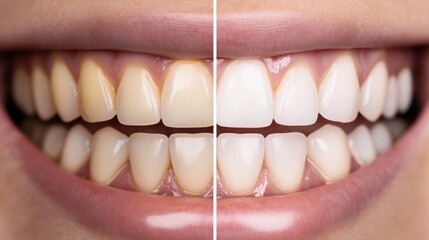 Close-up comparison of teeth before and after whitening treatment, showing a noticeable difference in color and brightness.