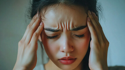 Fototapeta premium Person holding their head looking exhausted and stressed