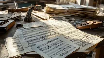 Vintage Music Sheets on Wooden Table