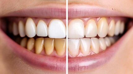 Close-up comparison image showing teeth before and after whitening treatment, illustrating noticeable differences in coloration and brightness.