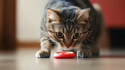 A cat curiously inspecting a new toy