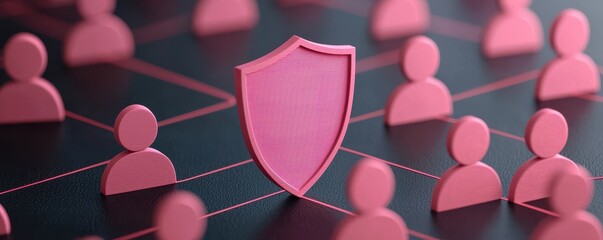 Pink shield icon protecting network of people, representing cybersecurity and digital protection.