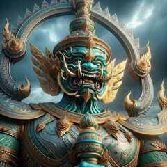 Fototapeta premium Majestic Thai Guardian: A Hyper-Realistic Mythical Sculpture Depicting a Fierce Turquoise Guardian with Ornate Armor, Intricate Gold Patterns, and a Sacred Mace Under a Dramatic, Overcast Sky