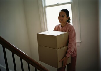 Smiling woman carrying cardboard boxes up stairs in bright home interior
