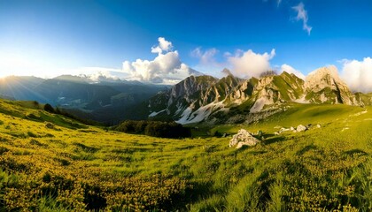 Breathtaking panorama of morning wild nature high in mountains