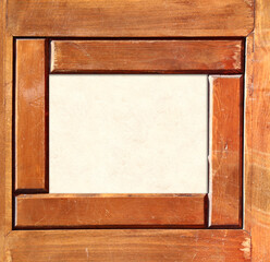 Frame of vintage wood boards with decorative border and stucco texture. Vertical or horizontal retro background with old wooden planks and copy space for text. Mock up template