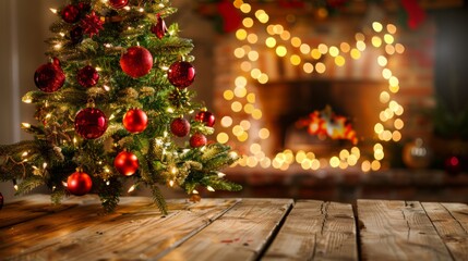 Festive Christmas Tree Decorated with Red Ornaments and Bokeh Lights on Wooden Table, Fireplace in Background, Perfect for Xmas Party or Event Banner Design.