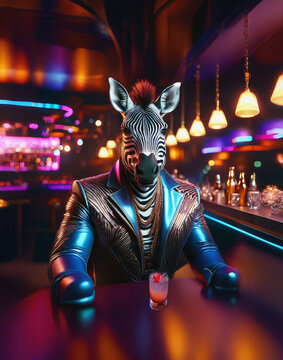 zebra 3d character hanging out at a bar