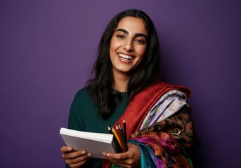 Smiling woman holding notebook and pencils with colorful fabric on purple background