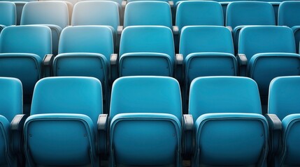 Obraz premium Empty blue seats in a stadium or theater arranged in neat rows with black armrests and sunlight illuminating the background.