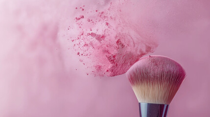 Pure Pink Powder Bliss beautifully captures the delicate pink powder floating in the air from a makeup brush, evoking a sense of elegance and softness