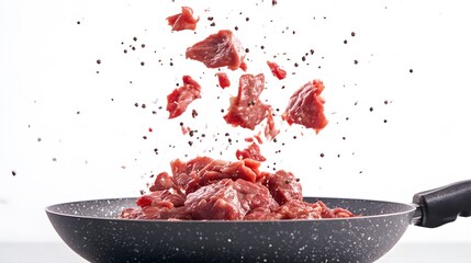 Beef milled meat flying from a pan on white background. 