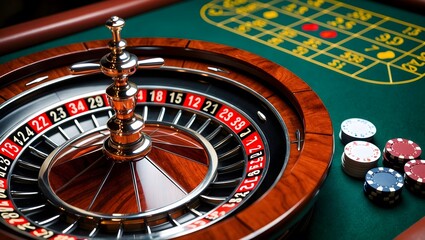 Close up of a classic casino roulette wheel.