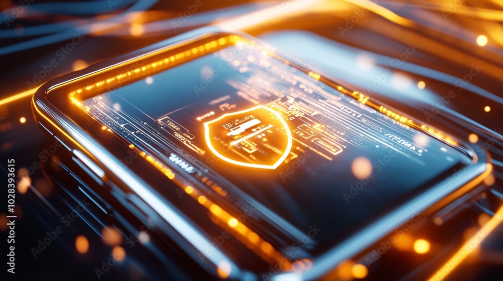 Poster glowing smartphone with encryption shield